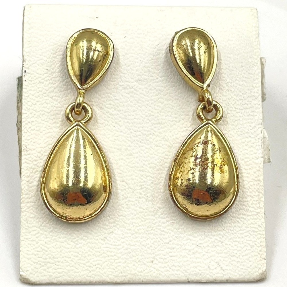 Vintage Gold Tone Double Teardrop Drop Dangle Earrings Statement Retro Costume